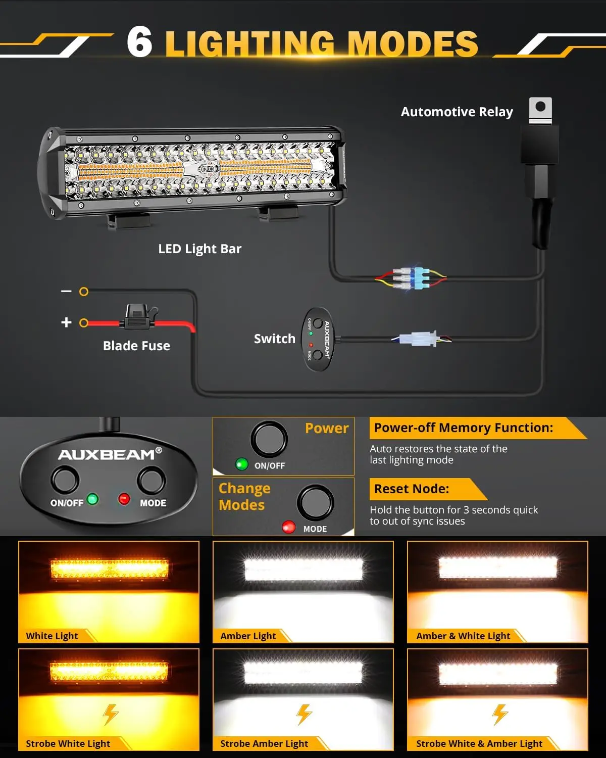 12 Inch LED Light Bar, 6 Modes Strobe Amber Pod Lights Yellow Fog Light Dual Color Spot Flood Offroad Driving Lights, Memory Fun