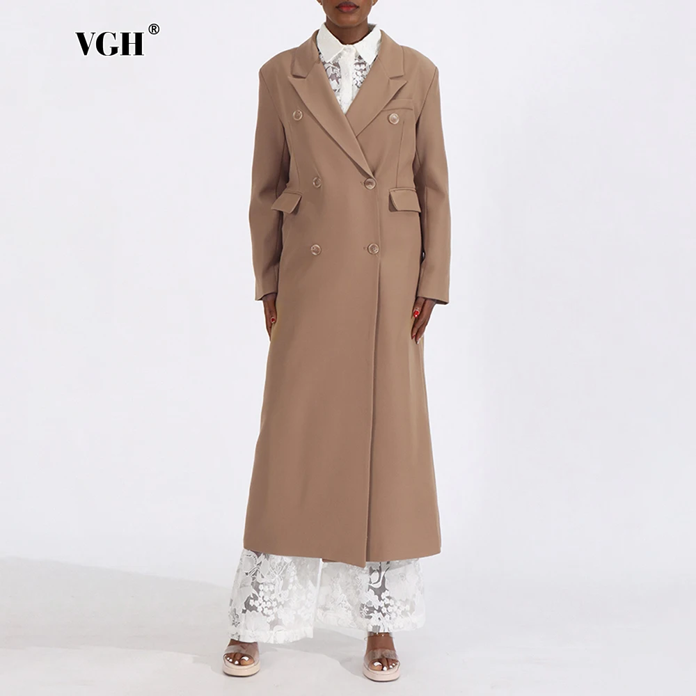 VGH Minimalist Loose Spliced Pockets Trench for Women Notched Collar Long Sleeve Patchwork Button Elegant Solid Coats Female New