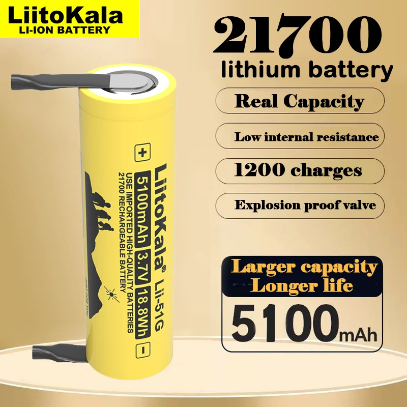 Nova Liitokala Lii-51G 3.7V 5100mAh 21700 Bateria de lítio para bicicleta elétrica DIY de alta capacidade