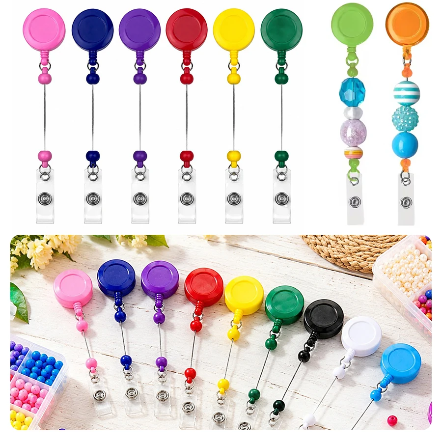 5/10/15PCS Random Colors Beaded Retractable Badge Holder Colorful ID Name Tag Clip Keychains Portable Office Gadget Supplies ZYF