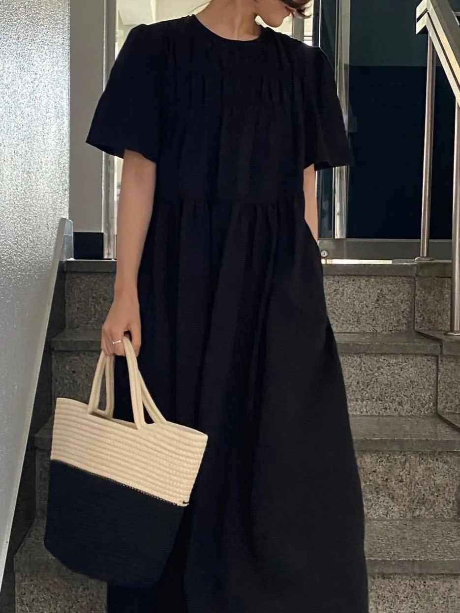 Robe bleue taille haute pour femmes, style coréen, ronde, plissée, amincissante, longue Dr, confortable, pour les déplacements, bulle Sve A-L...