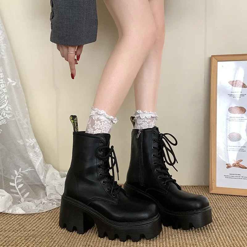 Winter Platform Women Motorcycle Boots Fashion Elegant Lace Up Shoes Thick Heel Vintage Women\'s Morder Short Booties