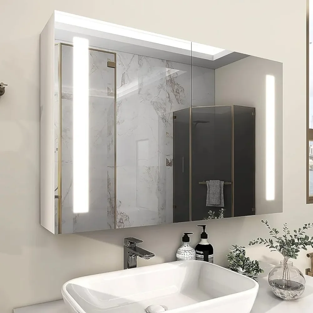 Led Mirror Bathroom Mirrors Aluminum Bathroom Cabinet With Sensor Switch Double Door Surface Mount Shelf Fixture Home