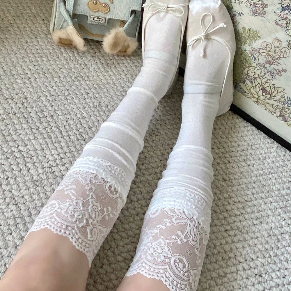 

1/2pairs Sexy Lace High Stockings Korean Women Girls Cotton Over The Knee Stockings Lolita Black White Long Leg Warm Boot Socks