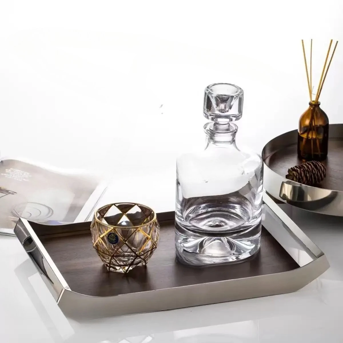 italian-simple-high-end-walnut-tray-home-decoration-storage-tray-round-aromatherapy-tray-stainless-steel