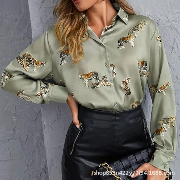 Spring Autumn Women Lapel Tiger Pattern Printed Long Sleeved Shirt Elegant Turn Collar Shirts And Blouses