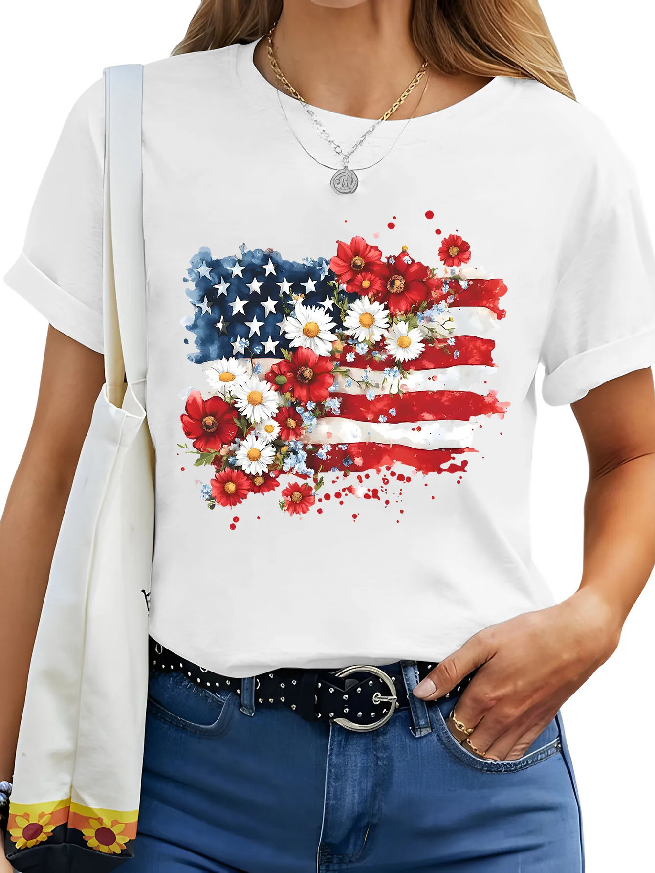 

Women's 220g Cotton Patriotic Floral American Flag Print T-Shirt Red White Blue Independence Day Theme Casual Loose Fit Rou