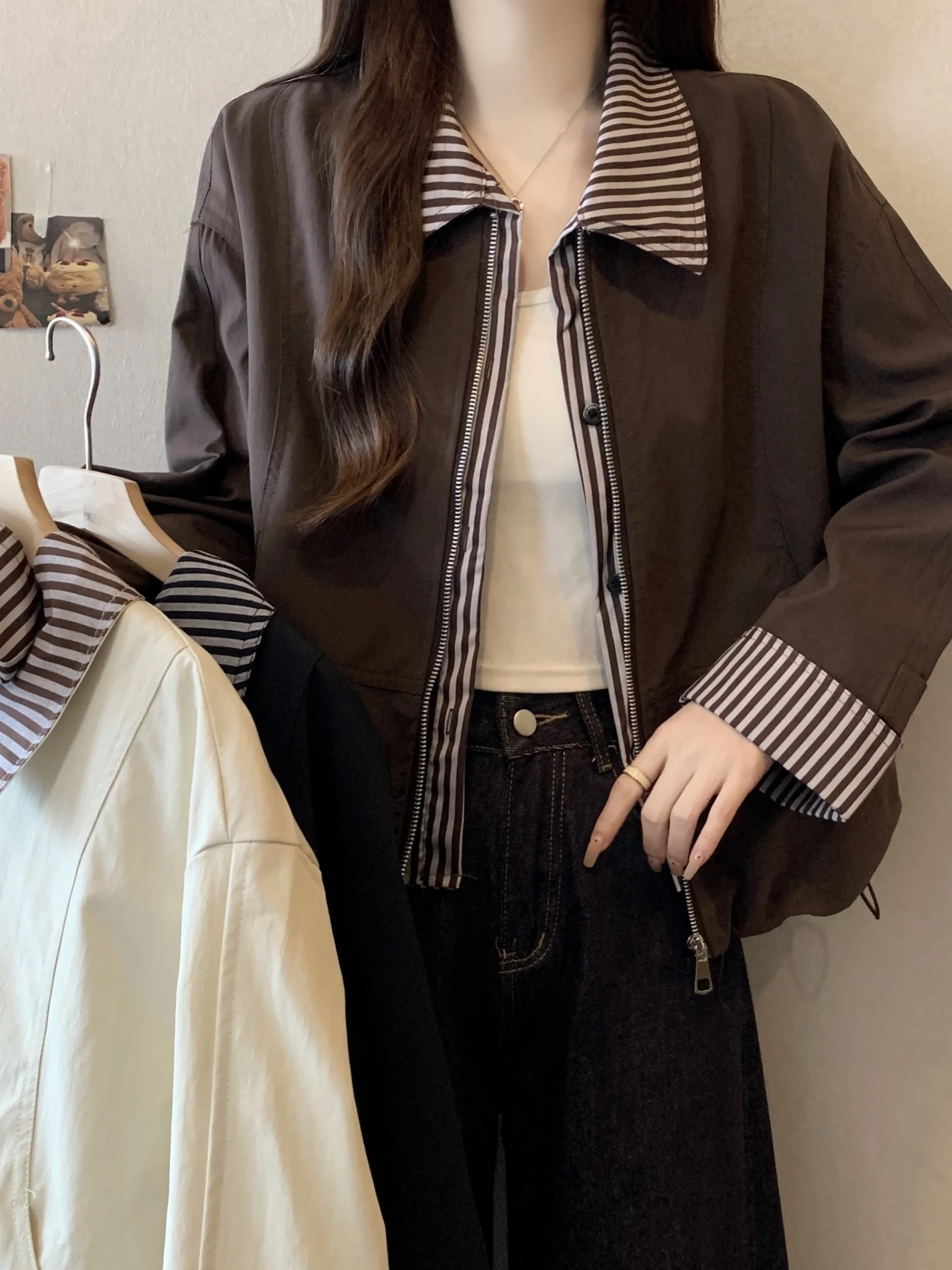 

Короткая женская куртка-кардиган для весны и осени, больших размеров, с полосатым дизайном, повседневная, удобная, для полных женщин, топ больших размеров