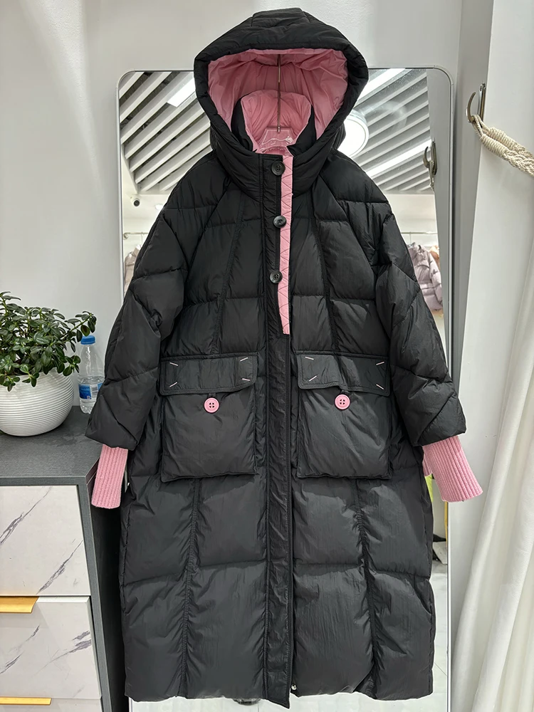 เสื้อแจ็คเก็ตขนเป็ดสำหรับผู้หญิงแบบมีฮู้ดสำหรับฤดูหนาว  แบบหนา  ซิป  ให้ความอบอุ่น  ยาวถึงเข่า  สีขาว  มีกระเป๋าใหญ่  แบบพาร์กา  เสื้อคลุมกันหนาว