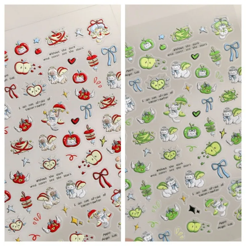 Cute Cartoon Apple Cat Scrapbook Stickers Embossed Green Red Color Animal Phone Case Sticker DIY Decals for CCD Camera Journal