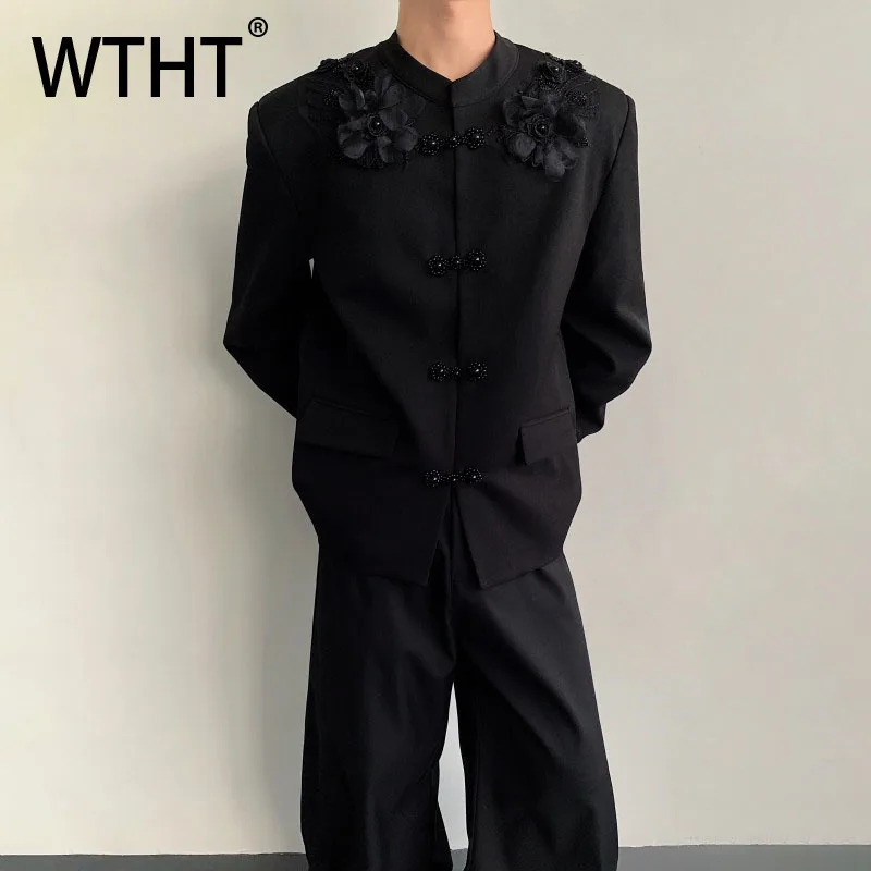 WTHT Trendy Men's Solid Color Spliced 3D Flower Blazer Coats Fashion 2025 Autumn Chinese Style Stand Collar Jackets Male 2A2053