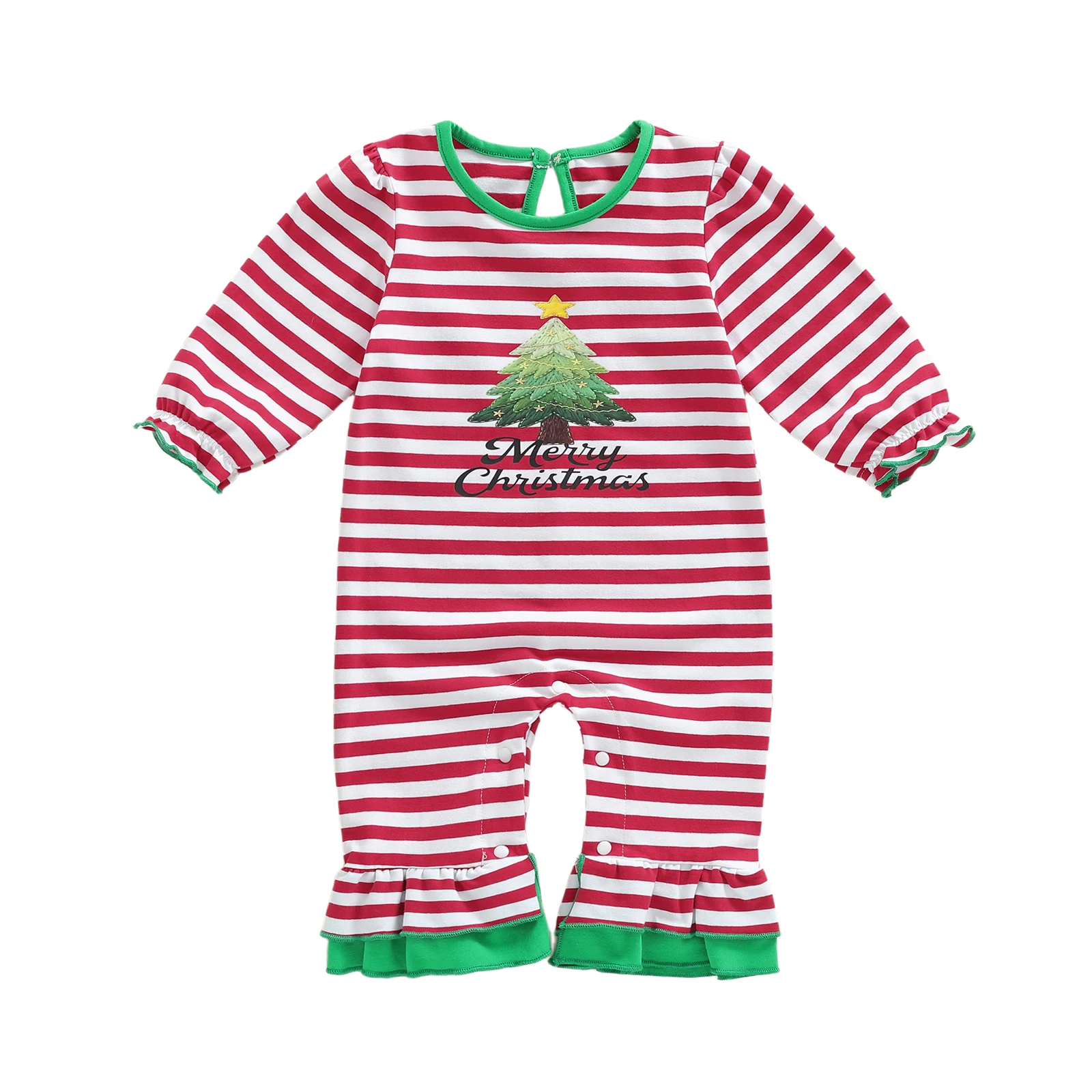 Baby Girl Christmas Striped Romper Long Sleeve Round Neck Christmas Tree Print Jumpsuit