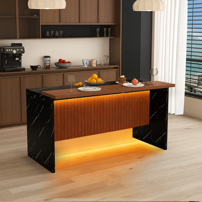 Marble Look Surface 63 Modern Kitchen Island LED Lights Grille Black Island Only Ideal For Dining Living Room