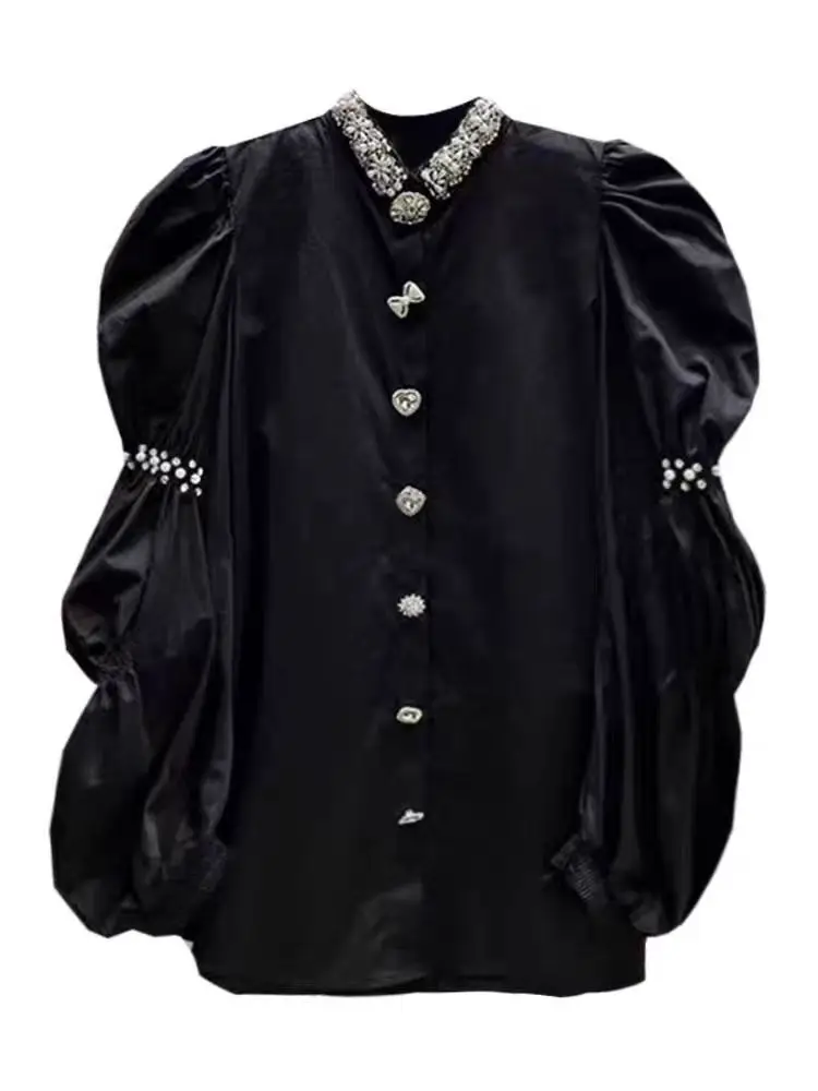 New In Autumn 2024 Cotton Shirts Blouses For Women Retro Puff Sleeve Beaded Collar Black Shirt Loose Casual Fashion Top