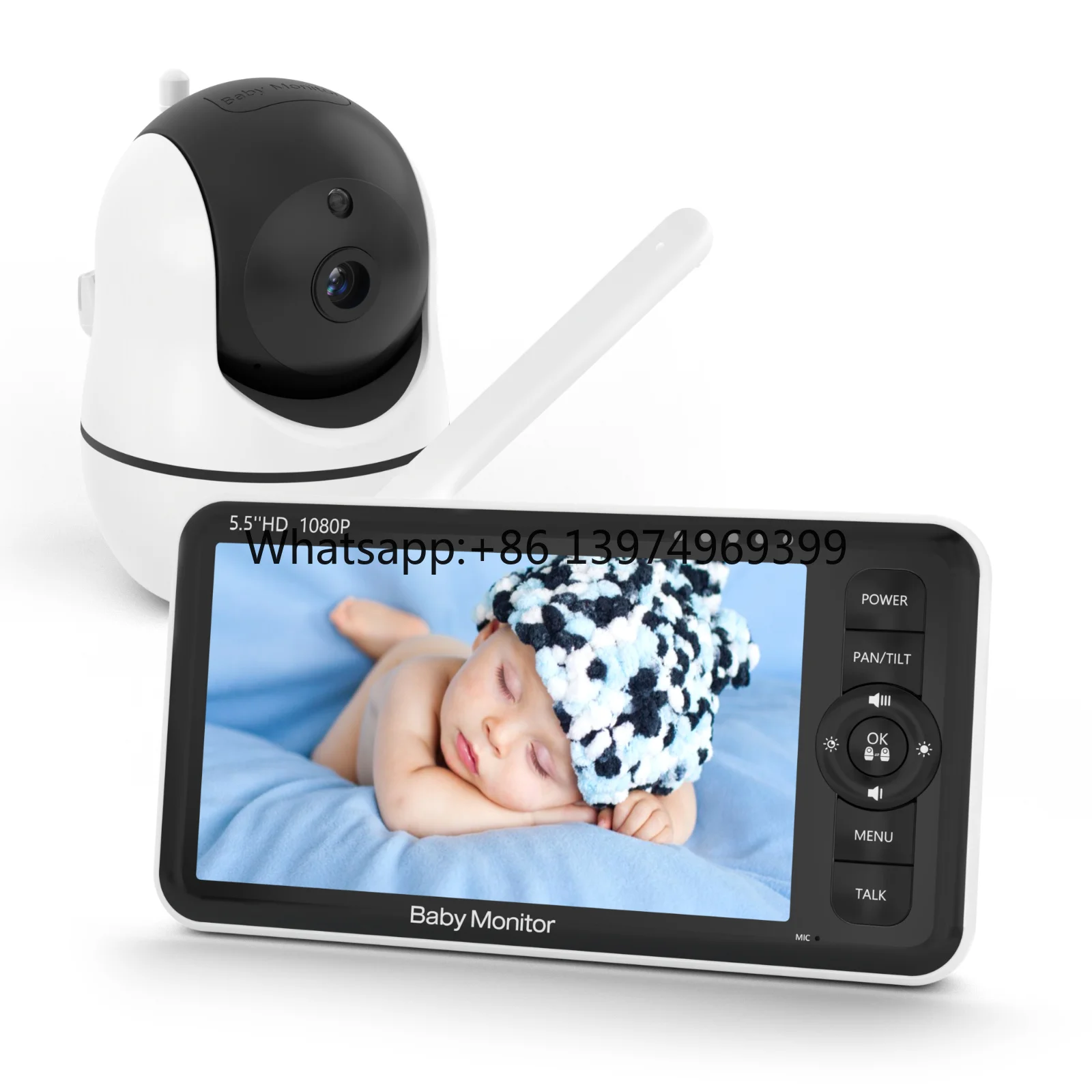 5.5 Inch Baby Monitor Camera Infrared Night Vision Feeding Time PTZ Crying Alarm Lullabies 355 Degree Sleeping Camera Two-way