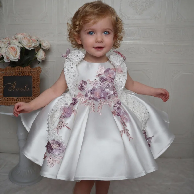 Kids Princess Satin Lace Beading Flower Girl Dress Children First Communion Dress Ball Gown Wedding Party Dress Birthday Show