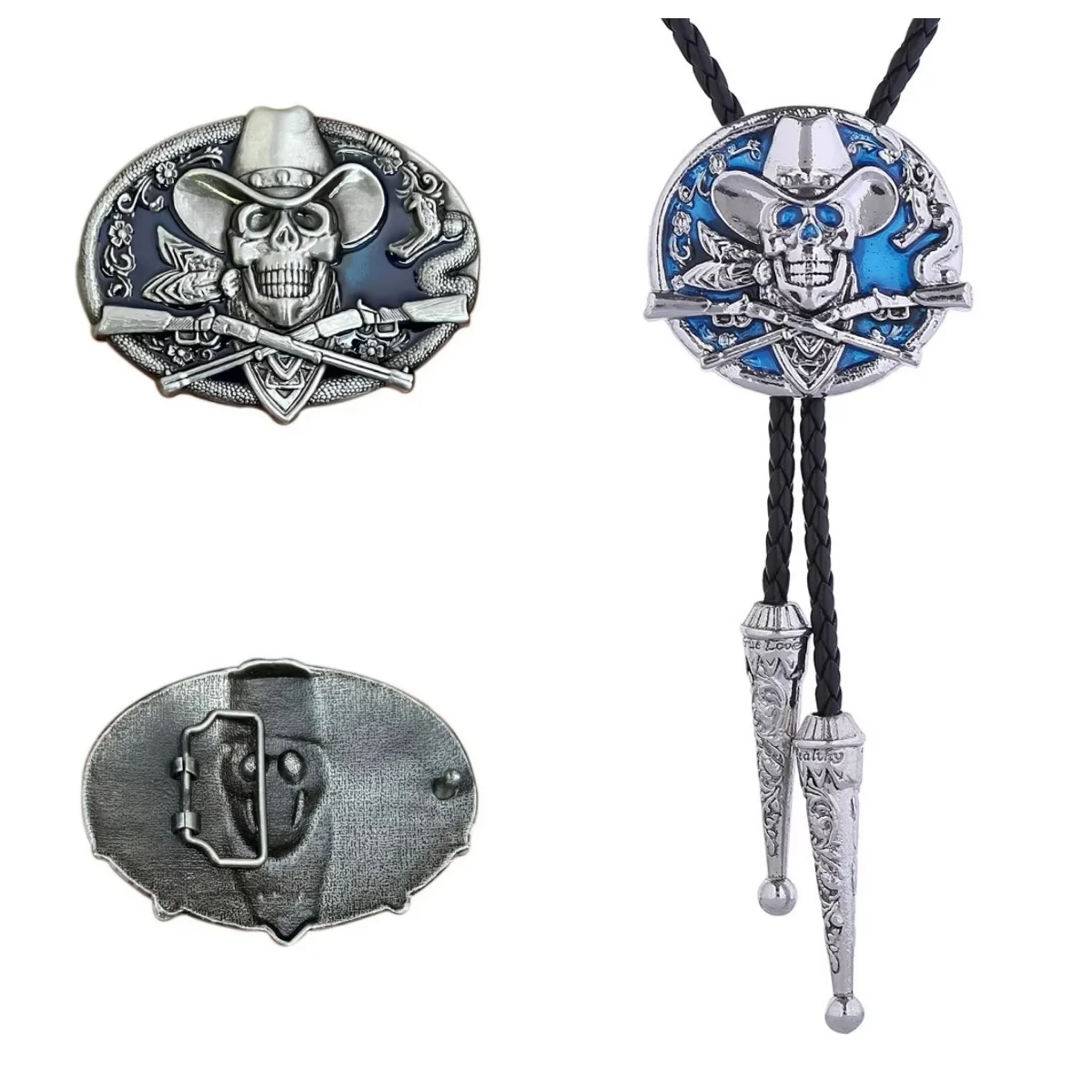 Two sets of Bolo ties and belt buckles, along with alloy skull hats, featuring a unique style of western cowboy belts