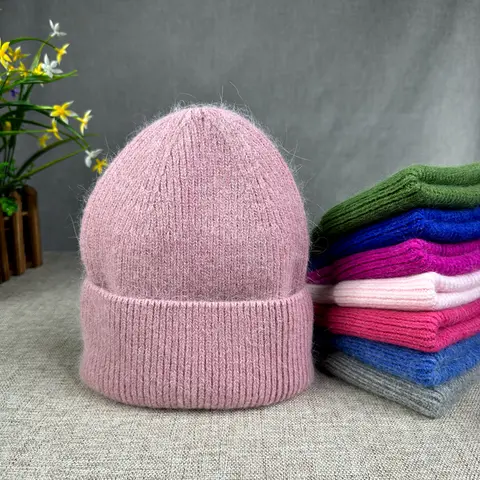 2025 Angora Knit Winter Hat For Women High quality Rabbit Fur  Knitted Beanies Luxury Bonnet Female Soft Warm Skullies hats