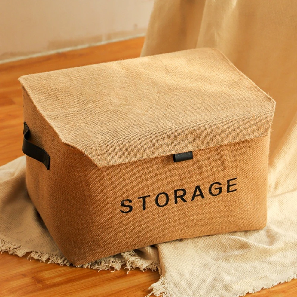 Foldable Jute Storage Basket with Handle Home Wardrobe Desktop Storage Box Clothes and Blankets Storage Basket for Home Organize