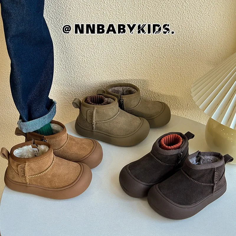 

Children's Cotton Shoes Kids Boys Winter Boots Leather Faux Fur Snow Boots Retro Boys Girls Fleece-lined Boots Anti-slip Girls