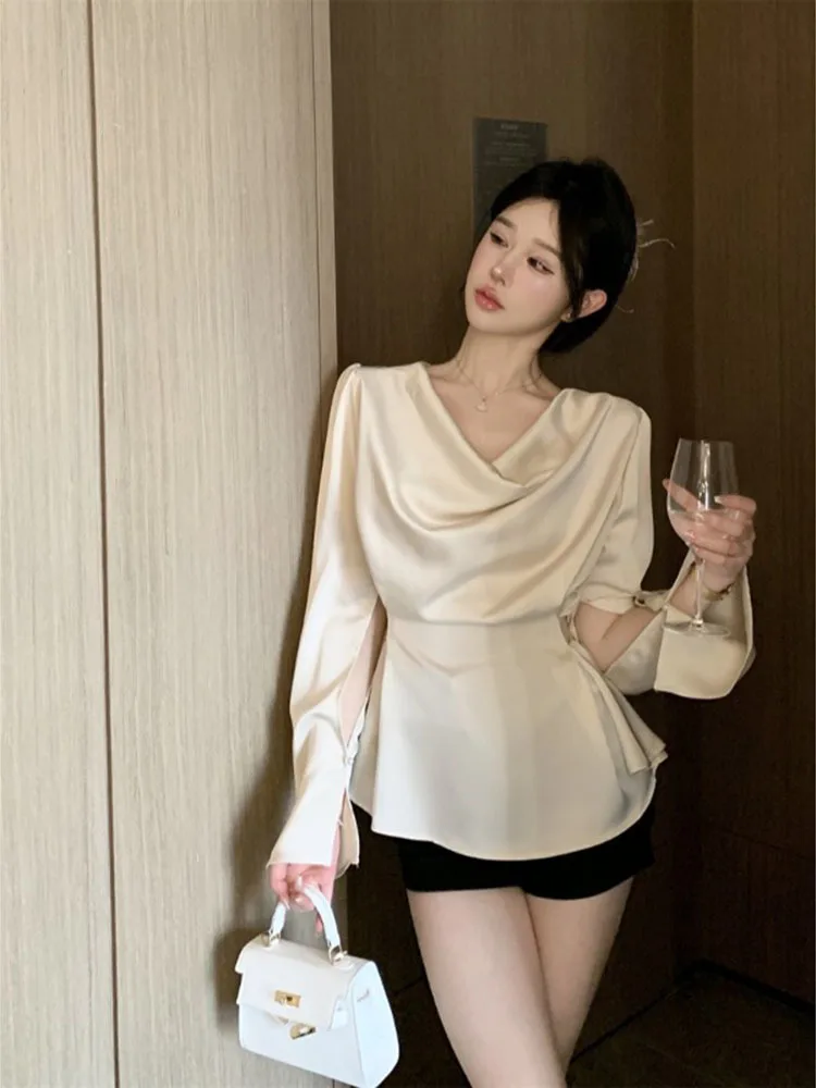 Elegante shirts dames chique bandage swingende kraag lange mouw satijn zomer nieuwe losse vintage blouse dames sexy tops