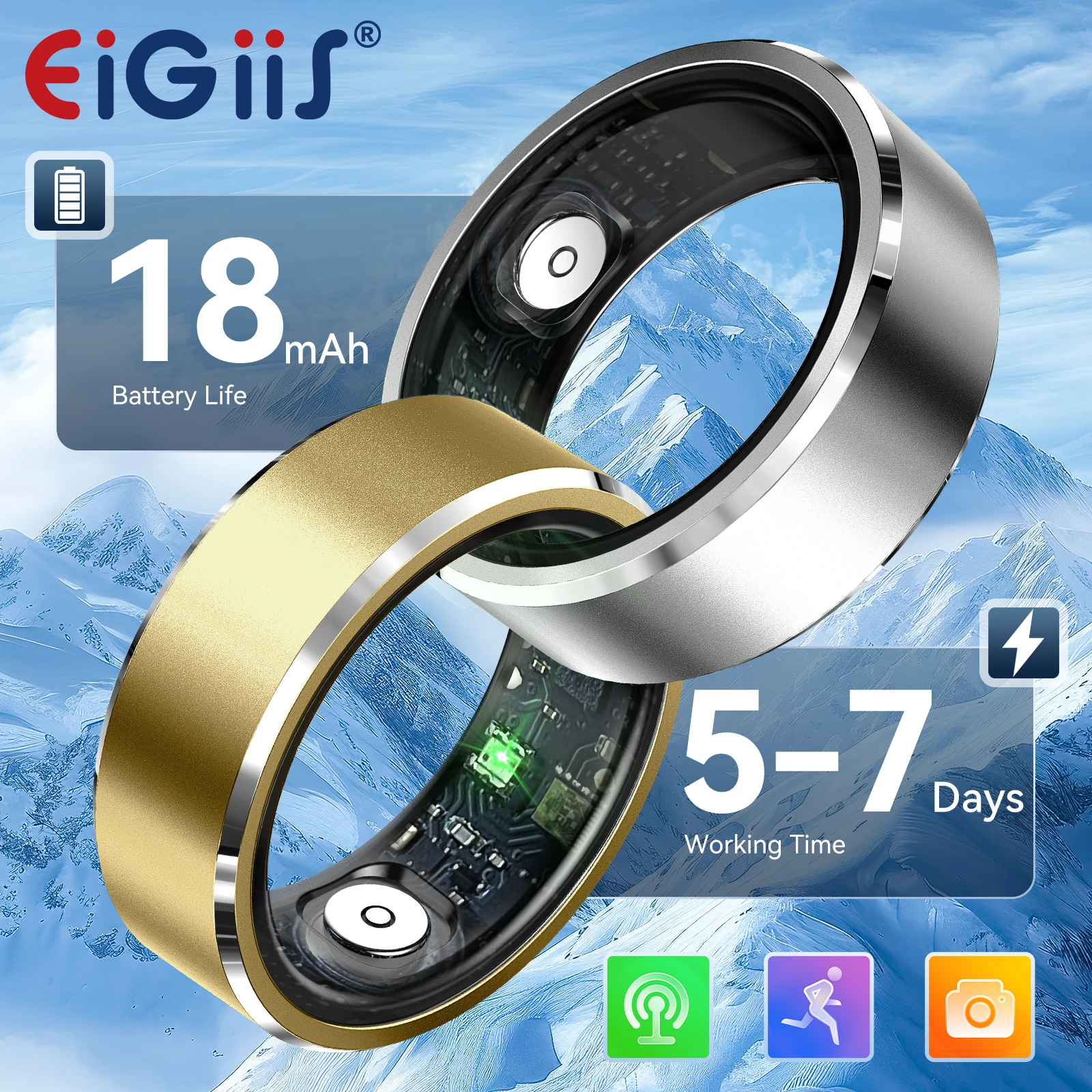 EIGIIS New R5 Smart Ring Blood Oxygen Heart Rate Monitor Remote photography IP68 & 5ATM Waterproof  Bluetooth5.1 For Android IOS