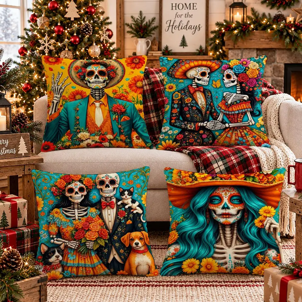 Marigold Skeleton Fiesta Originals Cushion Cover Soft Short Plush Pillow Cover Smooth Cozy Texture Cushion Case Home Decor