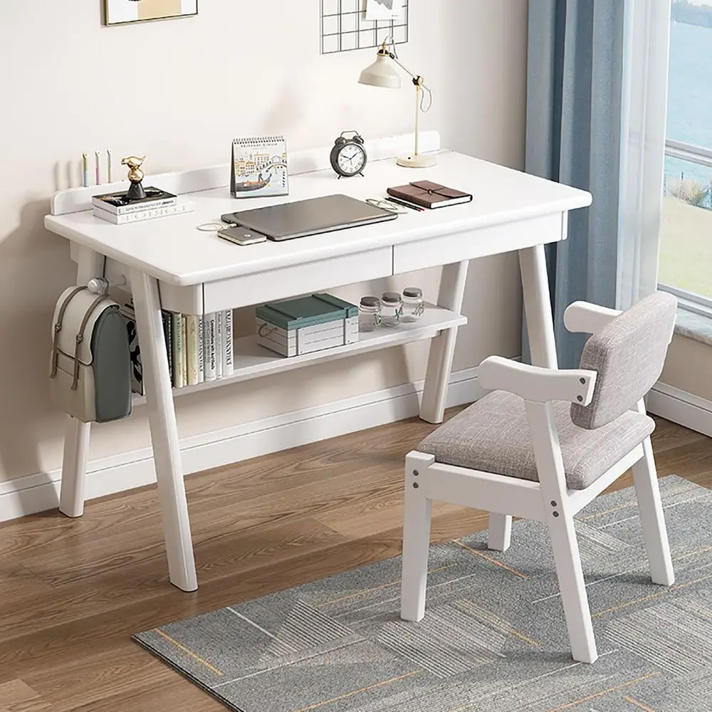 

Solid Wood Writing Desk with 2 Drawer and Shelves,MidCentury Modern Computer Desk with Hooks, Home Office Desk Workstation Work