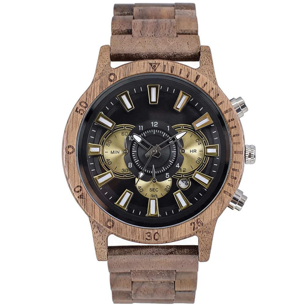 Sandalwood Multifunction Men's Quartz Watch with Wooden Case and Calendar Luminous Chronograph for Sport