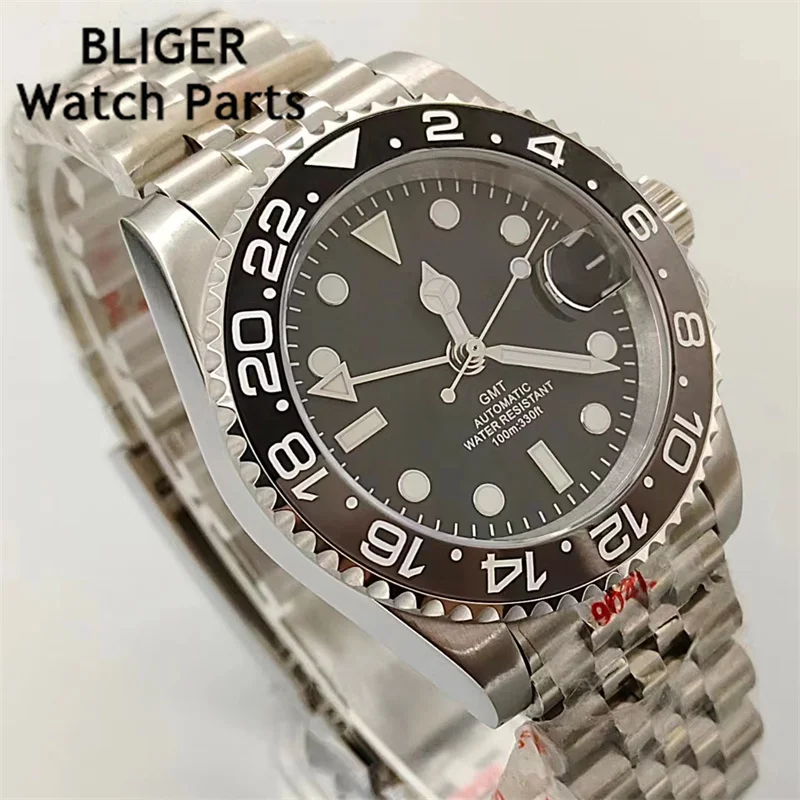 BLIGER 40mm GMT Men Mechanical Wristwatch NH34 Watch Sapphire Glass Ceramic Bezel Letters Black Dial Stainless Steel Bracelet