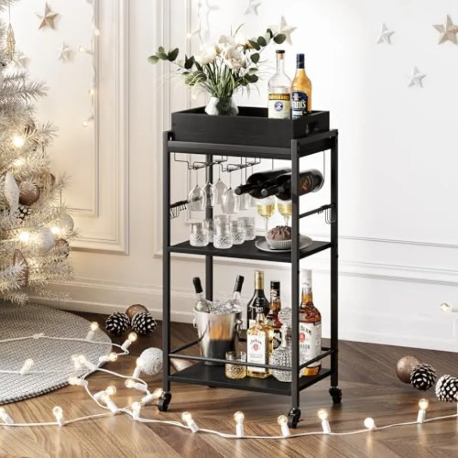 

3-Tier Bar Cart with Removable Tray, Small Bar Carts with Wheels, Rolling Beverage Cart, Drink Cart, Wine Cart with Wine Rack f