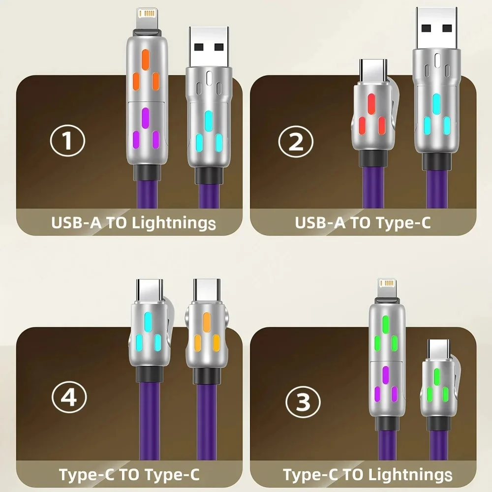 4 في 1 شاحن متعدد الواجهة كوع دوار USB إلى Type-C 1 متر الهاتف المحمول 240 واط شحن سريع كابل السيليكون نقل البيانات #3
