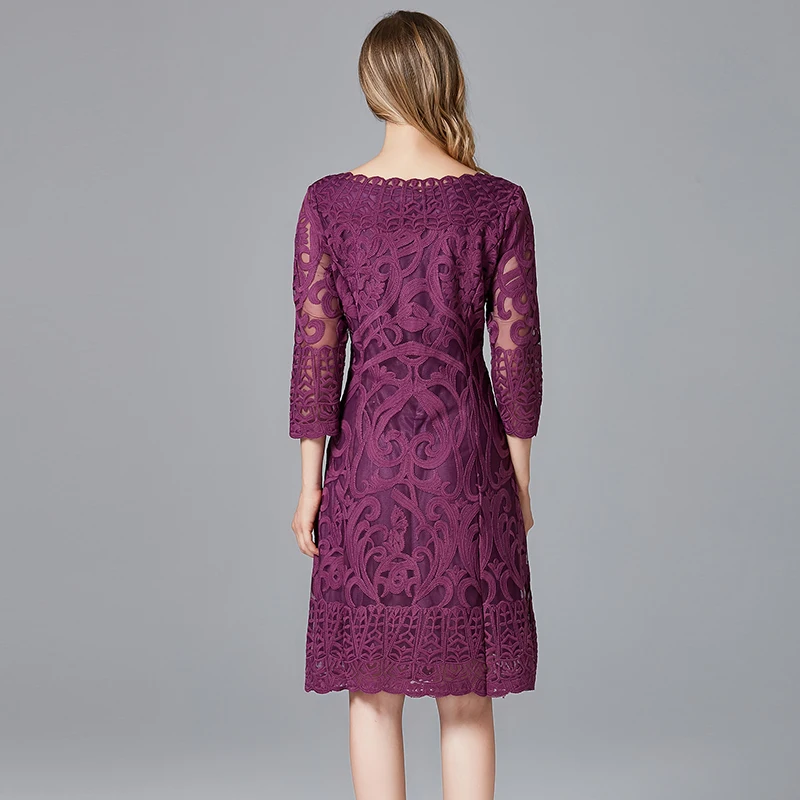 Vintage Christmas Purple Lace Dresses Autumn Winter Fat Lady Temperament Embroidered Hollow Sequins Natural Waist Lace Dress