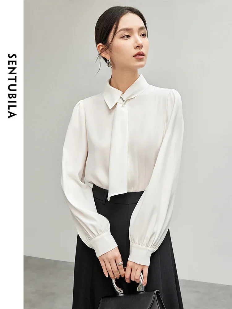 SENTUBILA Elegant Long Sleeve White Blouse for Women 2024 Autumn Fashion Casual Tied Lapel Solid Simple Womens Tops 143C56354