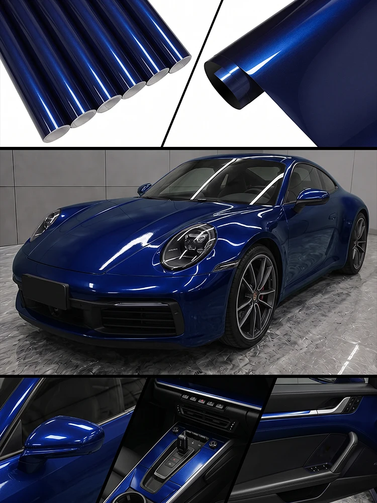 PET Gentian Blue Metallic Glossy Car Vinyl Wrapping Film Self Adhesive Air Bubble Free PVC Blue Glossy Color Change Film Multiple Sizes Available Auto Body Interior Exterior Decoration Paint