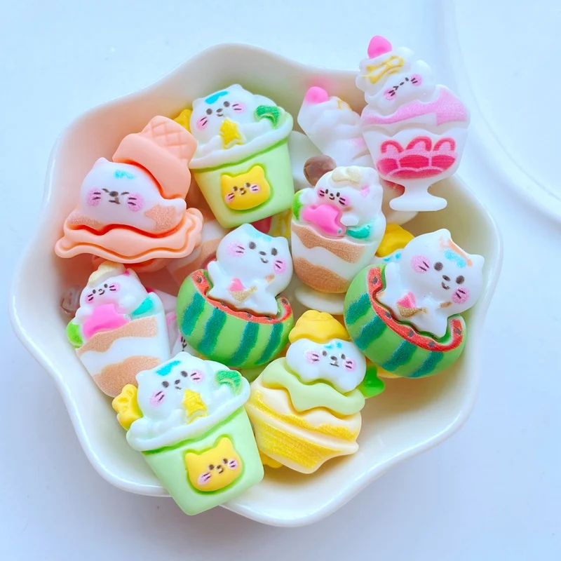 10Pcs New Resin Mini Cat Ice Cream Series Flat Back Scrapbooking DIY Jewelry Craft Decoration Accessories