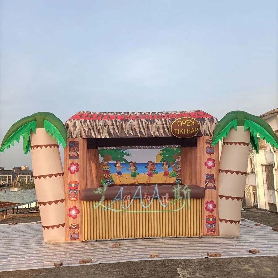 New Style Tropic Inflatable Tiki Bar With Original Islander Backdrop Bamboo Fence and Coconut Tree for Vacation on sale