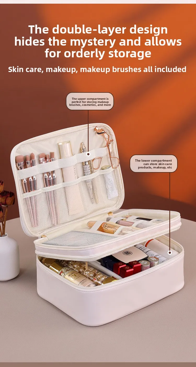 Doppelschichtige Handtasche aus PU-Leder für Make-up, Große Kapazität Reise-Kosmetikorganizer, Toilettentasche für Schönheitsprodukte, Damen – Detail 3