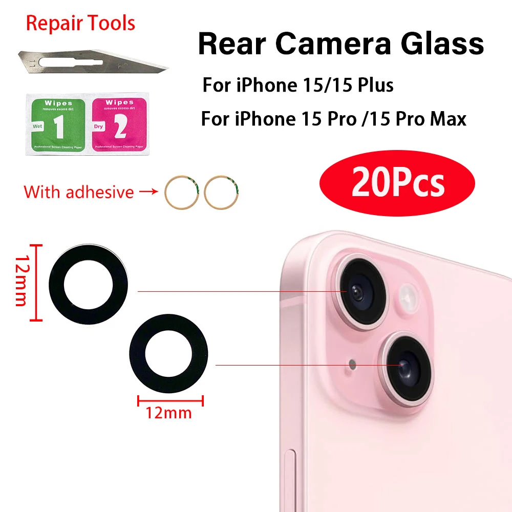 

20Pcs，Replacement Camera Glass Lens Back Rear Camera Glass Lens + Glue Sticker for iPhone 15 ProMax 15 Pro 15 Plus