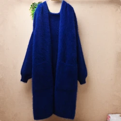 Ladies Women Fall Winter Clothing Hairy Mink Cashmere Knitted Hooded Long Lantern Sleeves Loose Long Sweater Cardigans Coat Pull