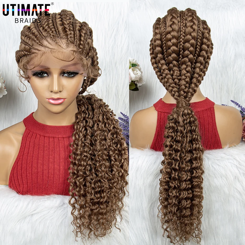 Brown Synthetic Braided Wigs with Curly Lace Front Braided Ponytail Wig with Baby Hair for Black Women Cornrow Braids Wig