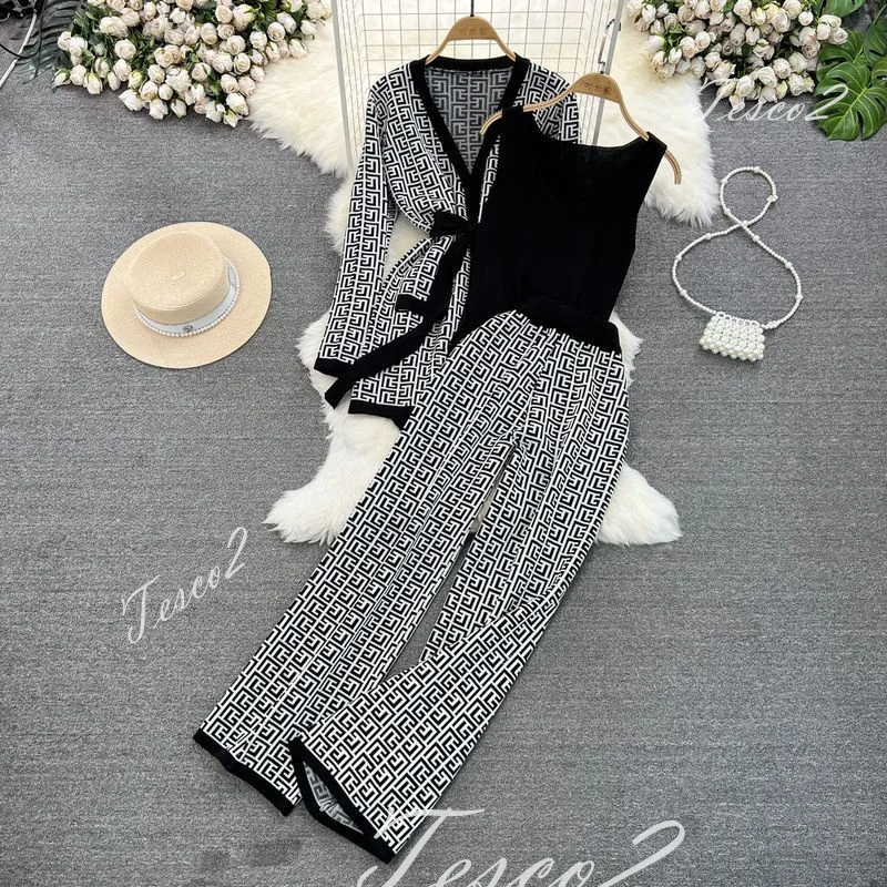 

Tesco Plaid Women's Pant Sets Long Sleeve Knitted Tops+Wide Leg Pants+Vest Casual Loose Women 3 Piece Female Outfits ropa mujer