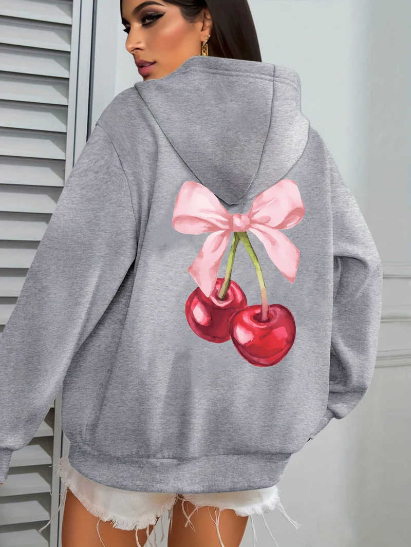 

Женская спортивная одежда с бантом и вишневым рисунком, мягкая свободная одежда, повседневный флисовый универсальный пуловер, осенний теплый женский спортивный костюм