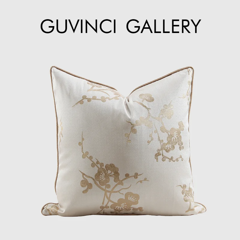 

GUVINCI Chinoiserie Plum Blossom Jacquard Cushion Cover Quaint And Elegant Beige Luxury Throw Pillow Case 50x50 Chic Home Decor