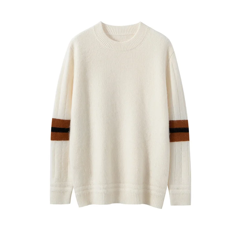 100% Pure Cashmere Men's Sweater with Color Block Sleeves, Seven Needle Round Neck Knitted Thick Casual Versatile Base Pullover