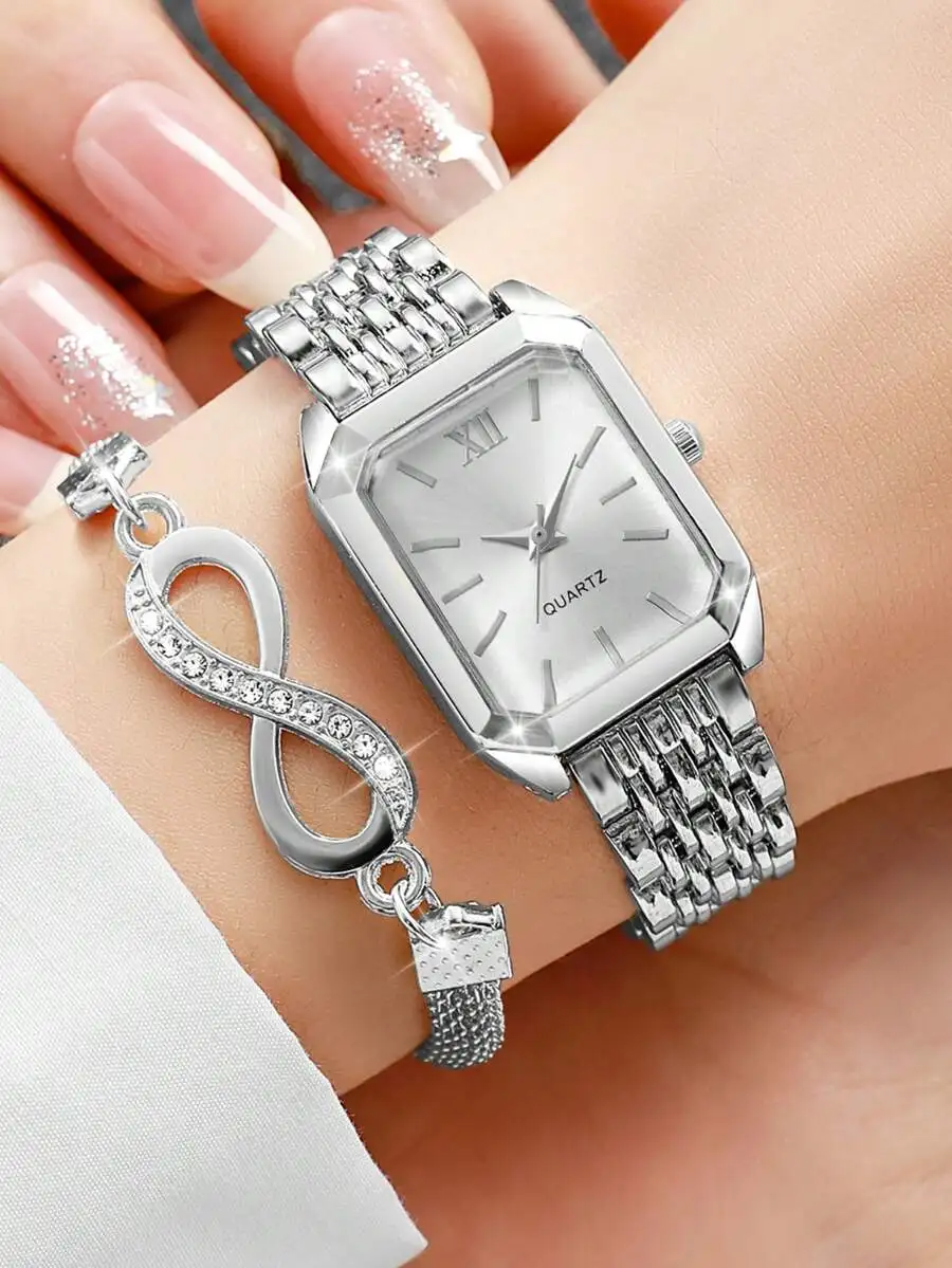 2pcs/Set Women's Fashion Casual Square Minimalist Dial Elegant Quartz Watch + Bracelet, Gift (Watch Box Not Included)