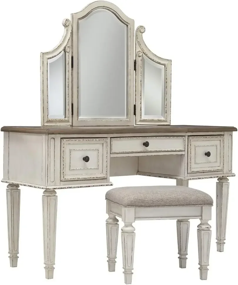 

Signature Design by Ashley Realyn Traditional Cottage 3 Drawer Vanity Set with Dovetail Construction, Mirror & Stool Included,