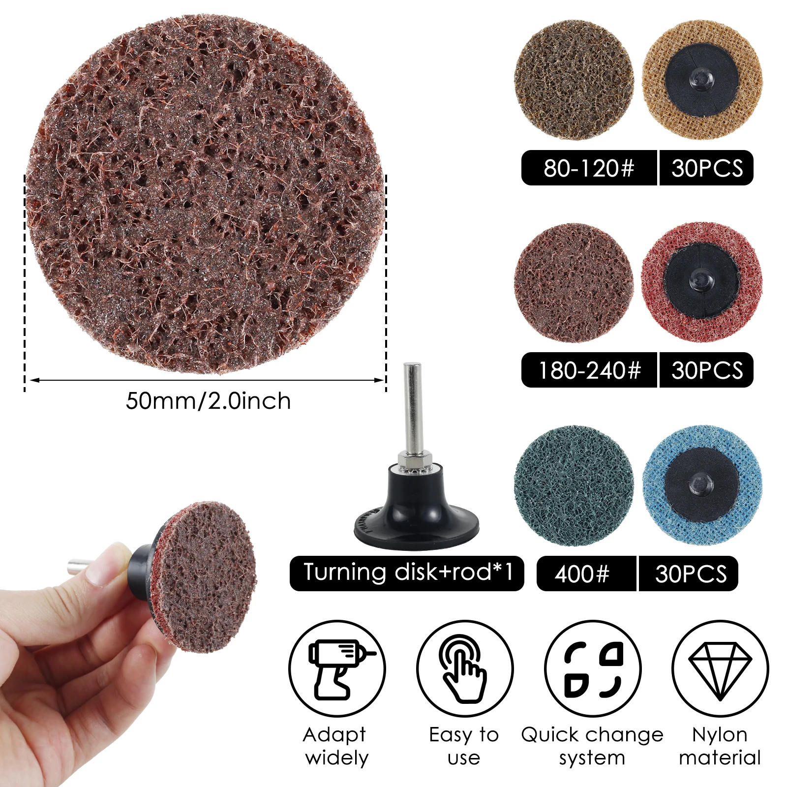 2inch Quick Change Die Grinder Sanding Wheel with 1/4inch Holder Fine Medium Coarse Wear-Resistant 90Pcs Nylon Sanding Discs Set
