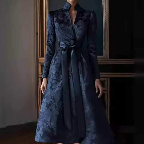 Elegant Women's Print Dress Stand Collar Long Sleeve Pleated Maxi Dress Waisted Evening Party Wedding Guest Long Dresses Vestido