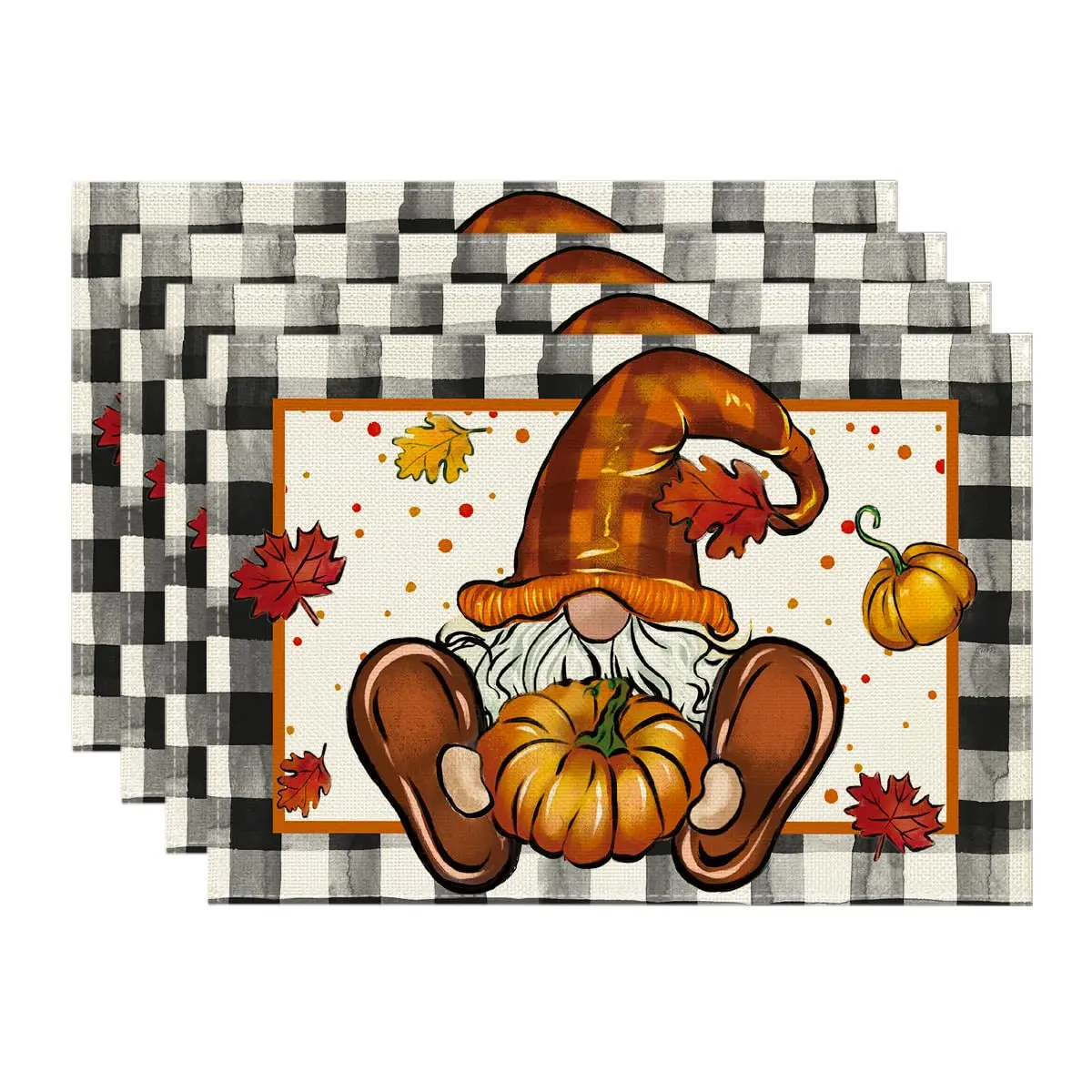 Thanksgiving Table Mats, Plaid Placemats, Black Gnome, Pumpkin, Buffalo Plaid, Fall, Seasonal, Autumn, Thanksgiving, 12x18 Inch